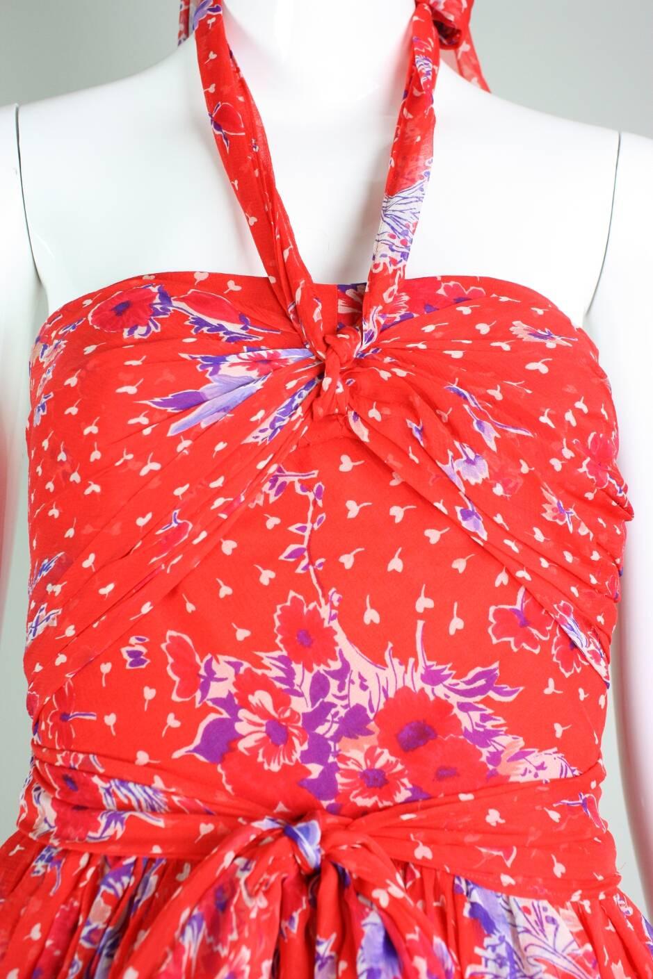 Givenchy Red Floral Silk Chiffon Gown, 1970s For Sale 2