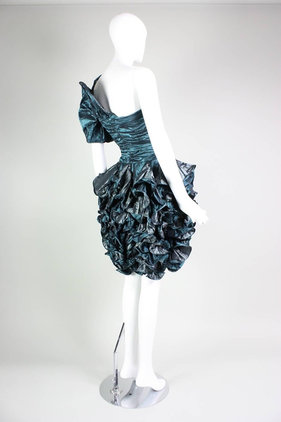 1980's Christian Dior Green Taffeta Ruffled Cocktail Dress In Excellent Condition For Sale In Los Angeles, CA