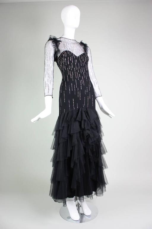 Black 1970's Loris Azzaro Net Glitter Gown For Sale