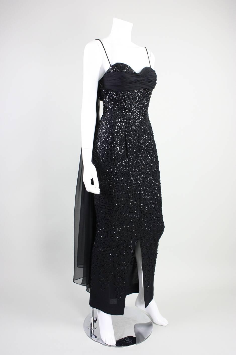Frank Starr Black Sequined Gown, 1950s  In Excellent Condition For Sale In Los Angeles, CA