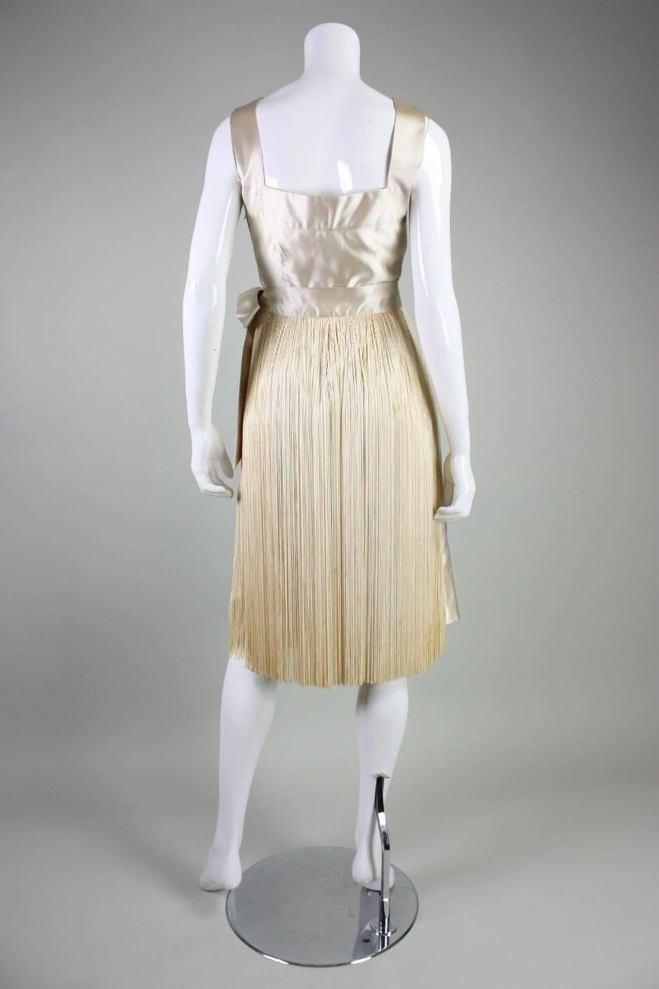 Beige 1950's Ben Reig Cocktail Dress with Fringed Hem For Sale