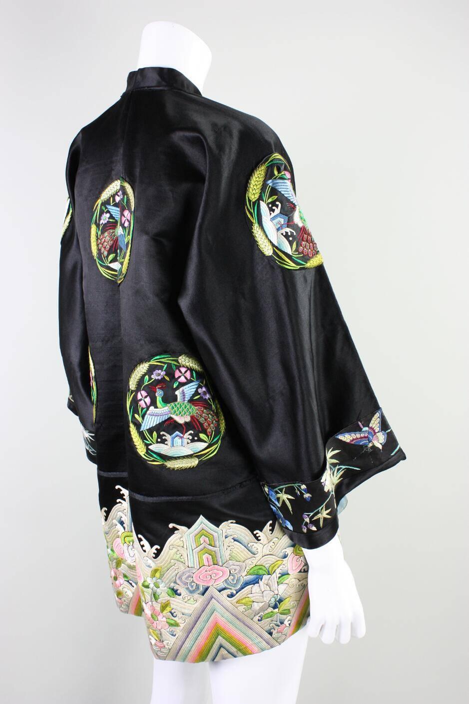 Black 1930's Chinese Embroidered Silk Jacket For Sale