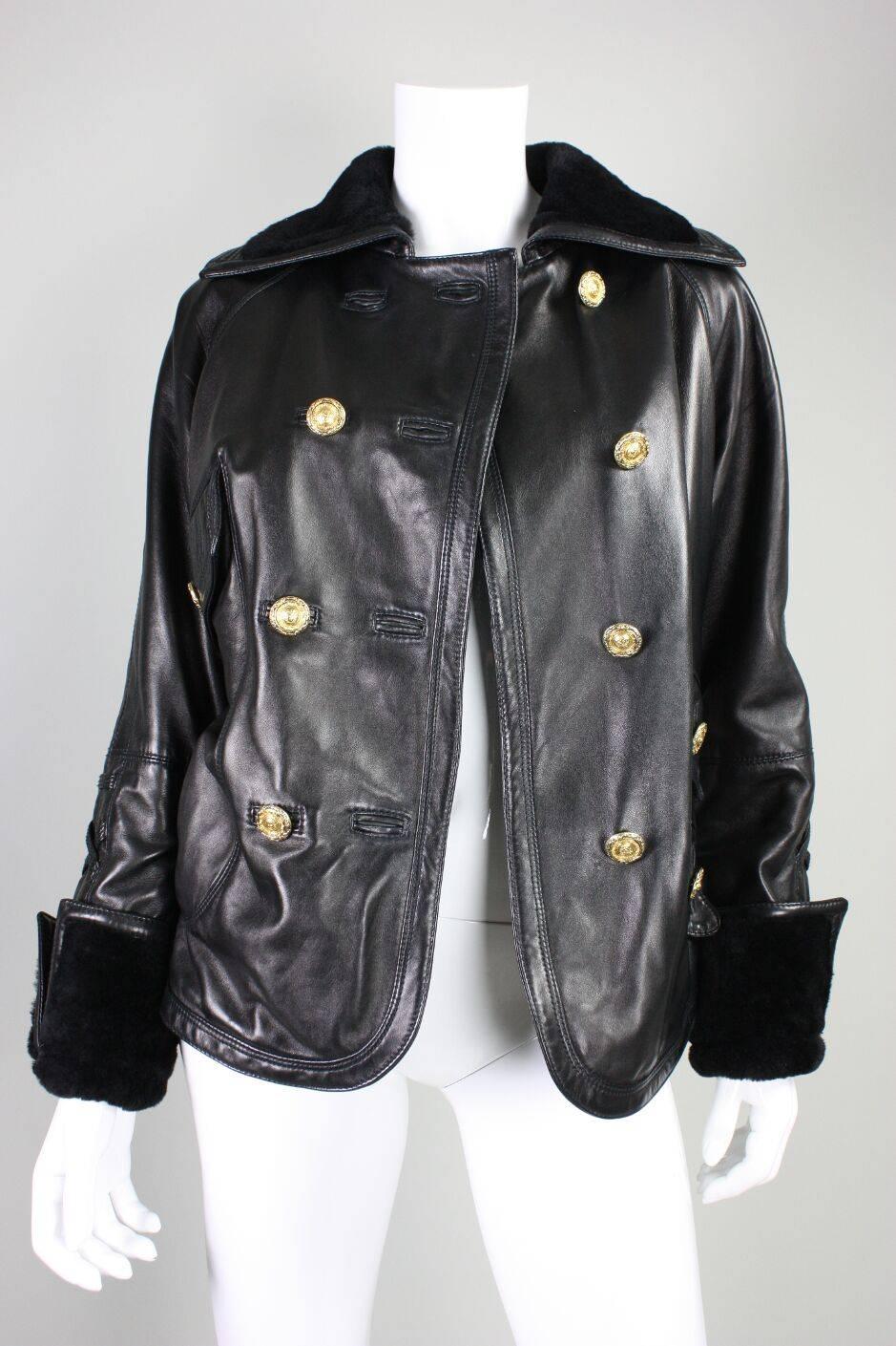 Women's 1990's Versace Leather Jacket with Shearling Collar & Cuffs For Sale