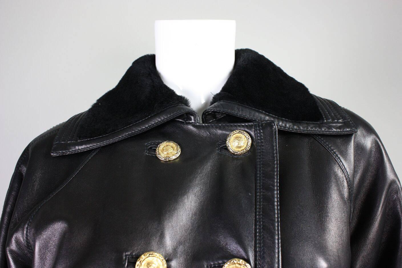 1990's Versace Leather Jacket with Shearling Collar & Cuffs For Sale 1