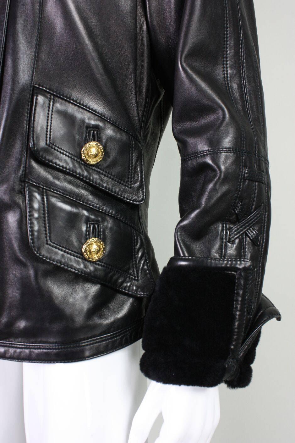 1990's Versace Leather Jacket with Shearling Collar & Cuffs For Sale 2