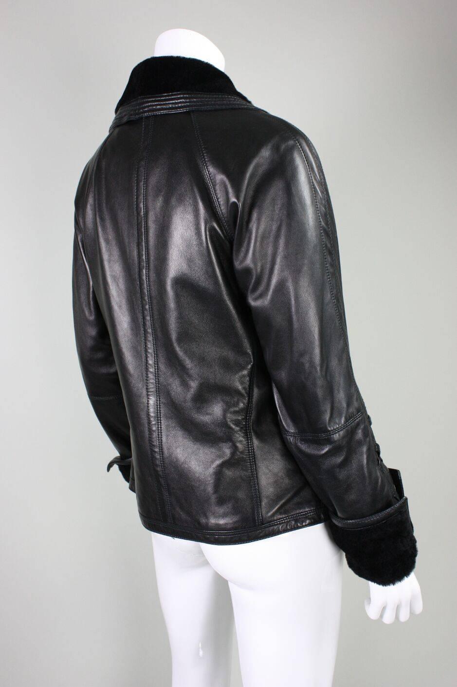 Black 1990's Versace Leather Jacket with Shearling Collar & Cuffs For Sale
