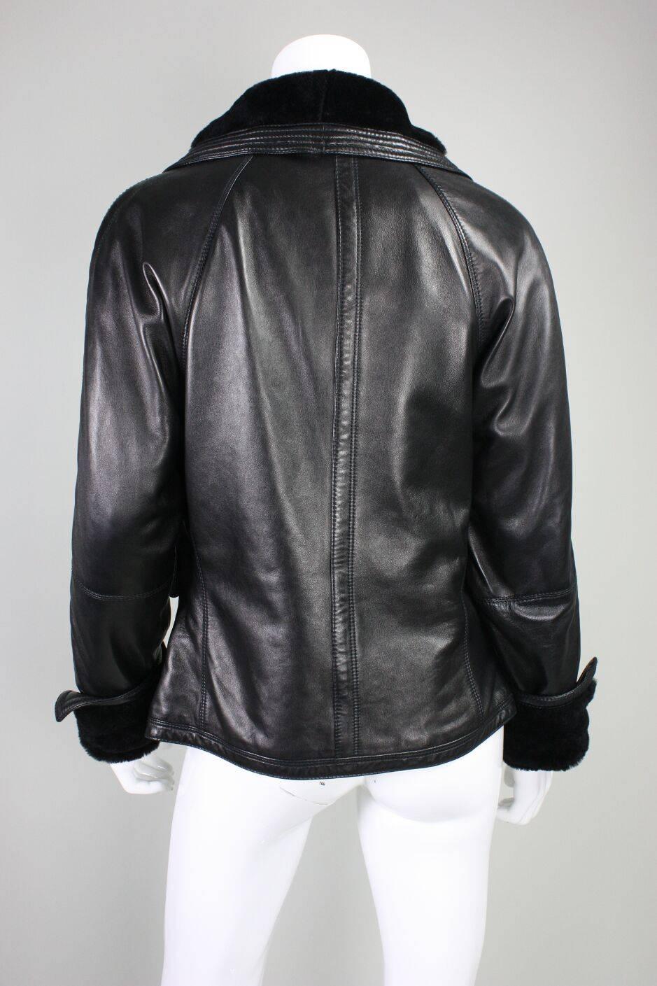 1990's Versace Leather Jacket with Shearling Collar & Cuffs In Excellent Condition For Sale In Los Angeles, CA