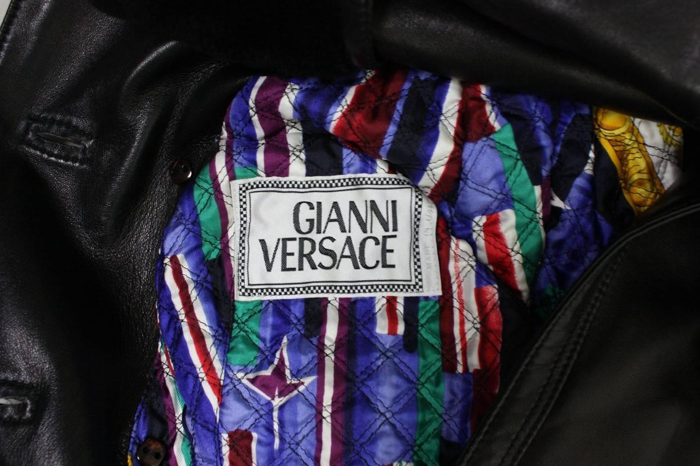 1990's Versace Leather Jacket with Shearling Collar & Cuffs For Sale 3