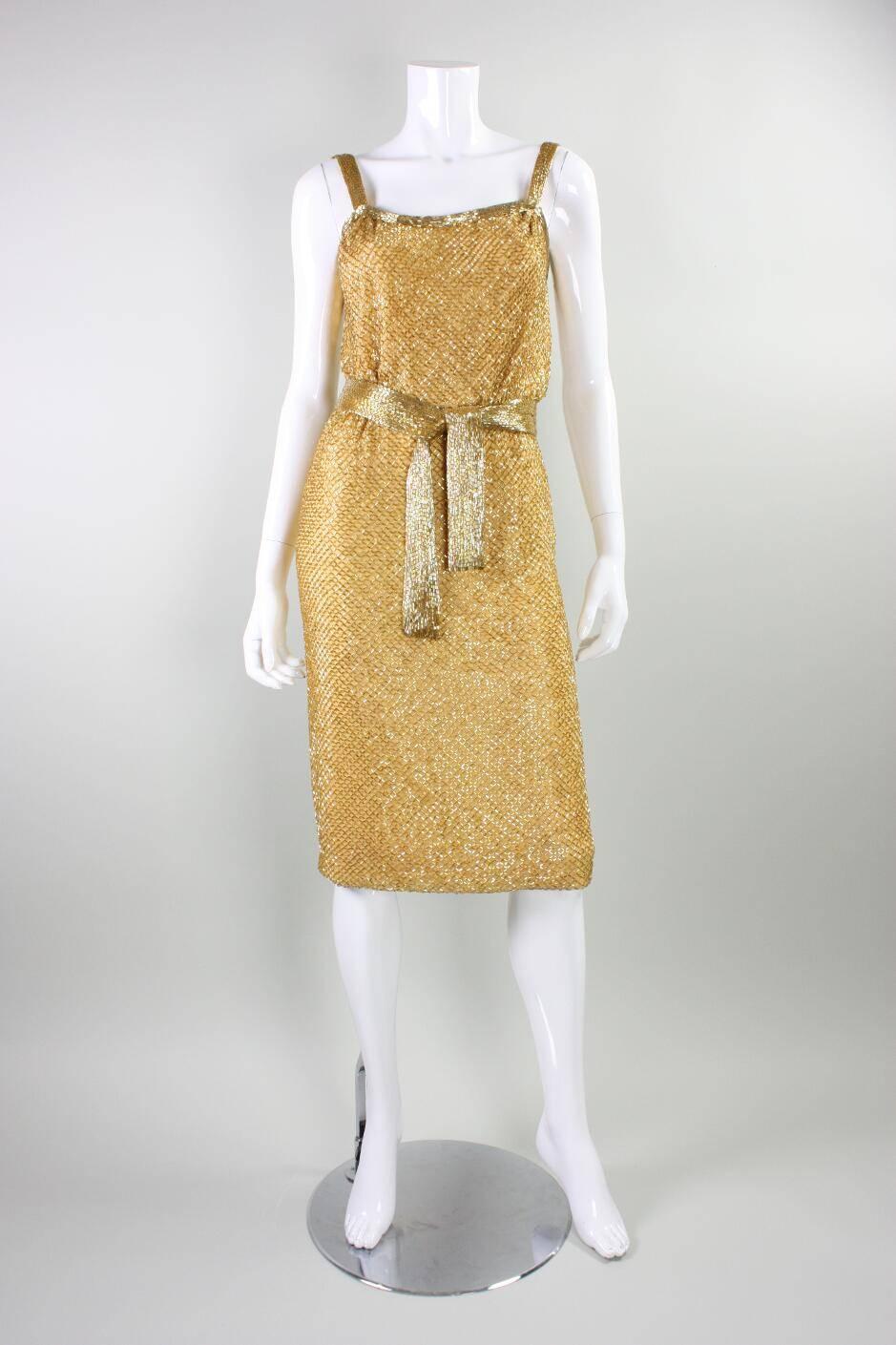 Beige 1950's Ceil Chapman Beaded Party Dress For Sale