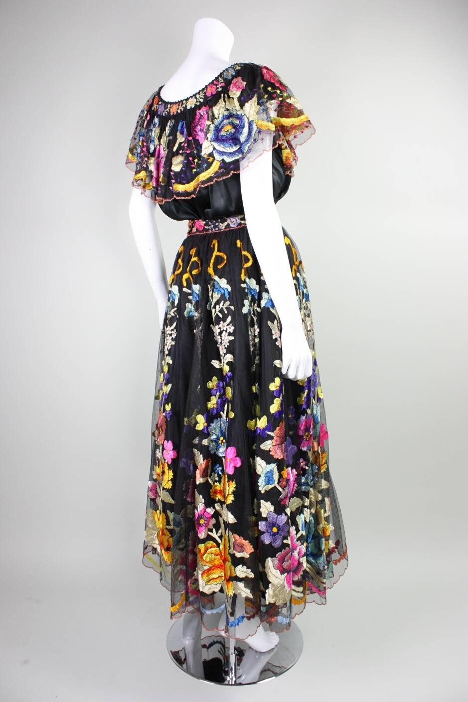 Black Vintage Mexican Wedding Ensemble with Polychromatic Hand Embroidery