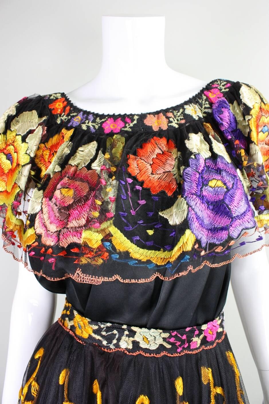 Women's Vintage Mexican Wedding Ensemble with Polychromatic Hand Embroidery