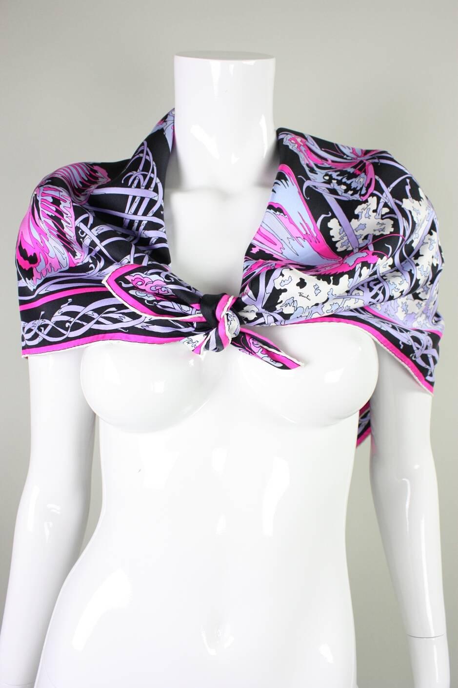Vintage scarf from Emilio Pucci dates to the 1970’s and is made of silk twill and features a psychedelic butterfly print.  Edges are hand rolled.  Made in Italy.

Condition: Excellent.  Appears to be unworn.
