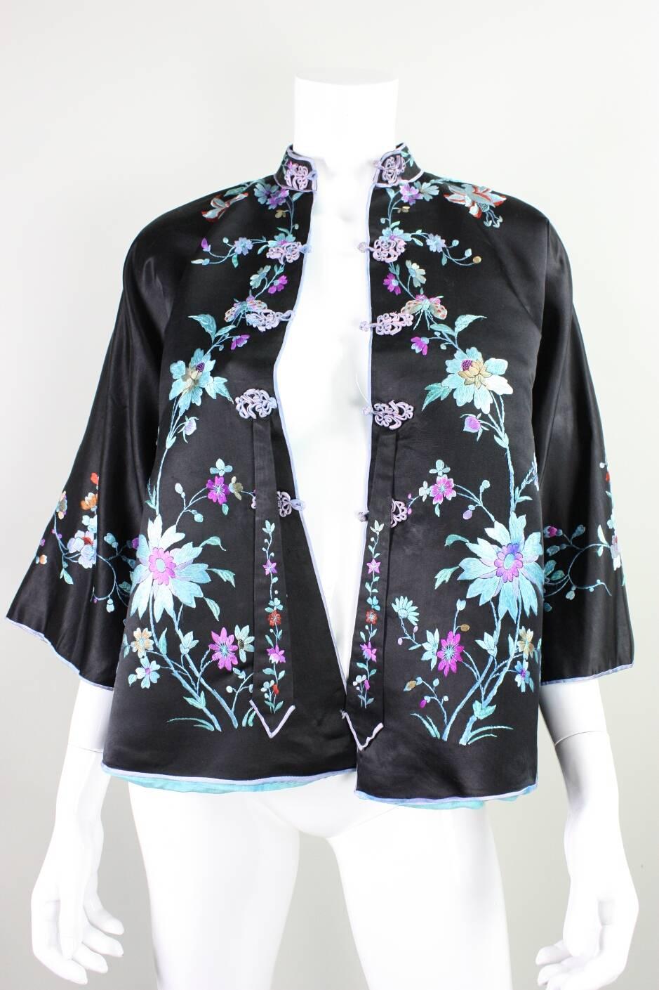 Black 1930's Chinese Silk Jacket with Hand Embroidery For Sale