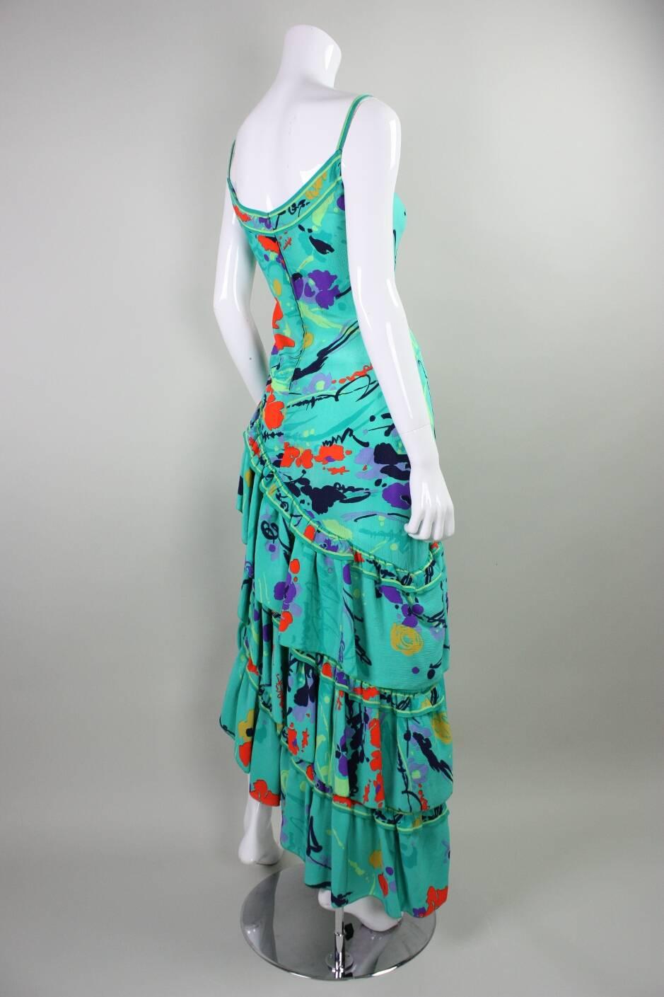 1980's Leonard Silk Gown with Ruffled Skirt In Excellent Condition For Sale In Los Angeles, CA