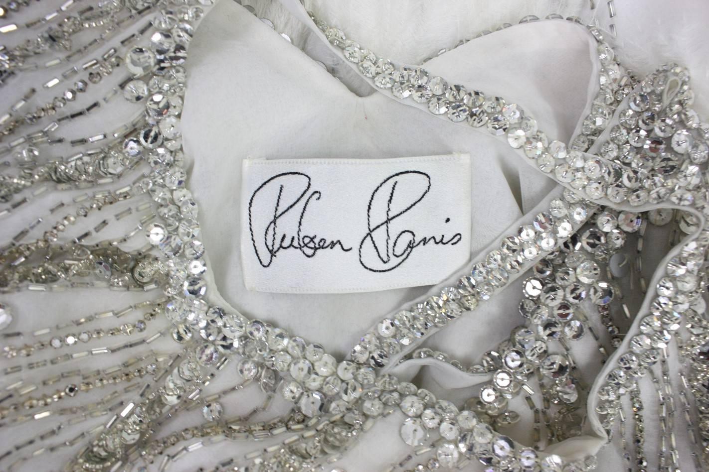 1980's Ruben Panis White Gown with Beadwork & Feathers 3