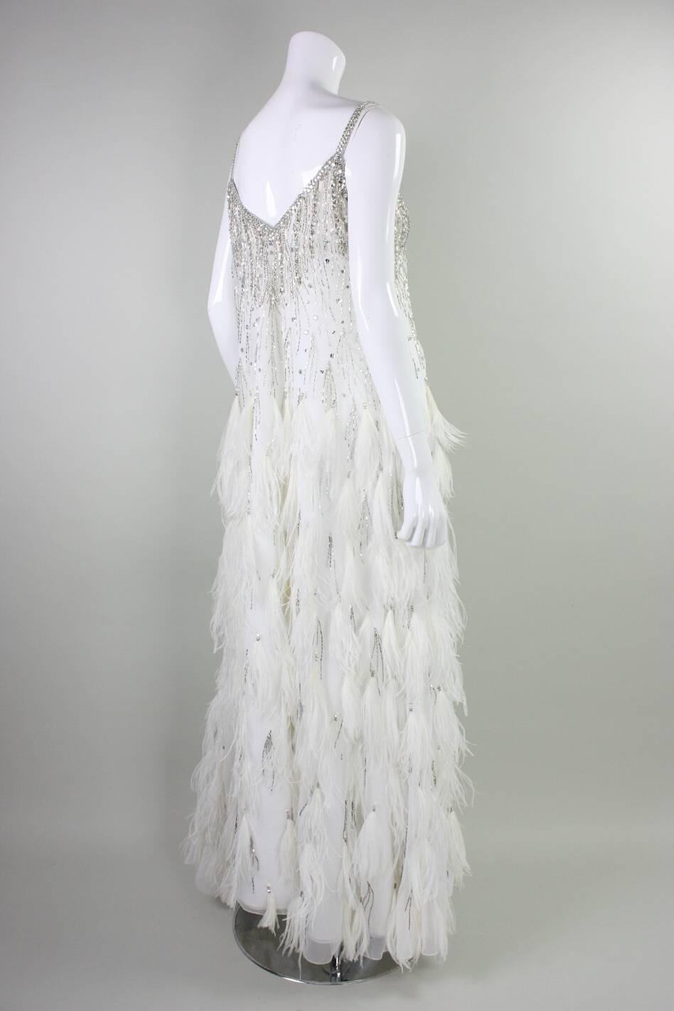 1980's Ruben Panis White Gown with Beadwork & Feathers In Excellent Condition In Los Angeles, CA