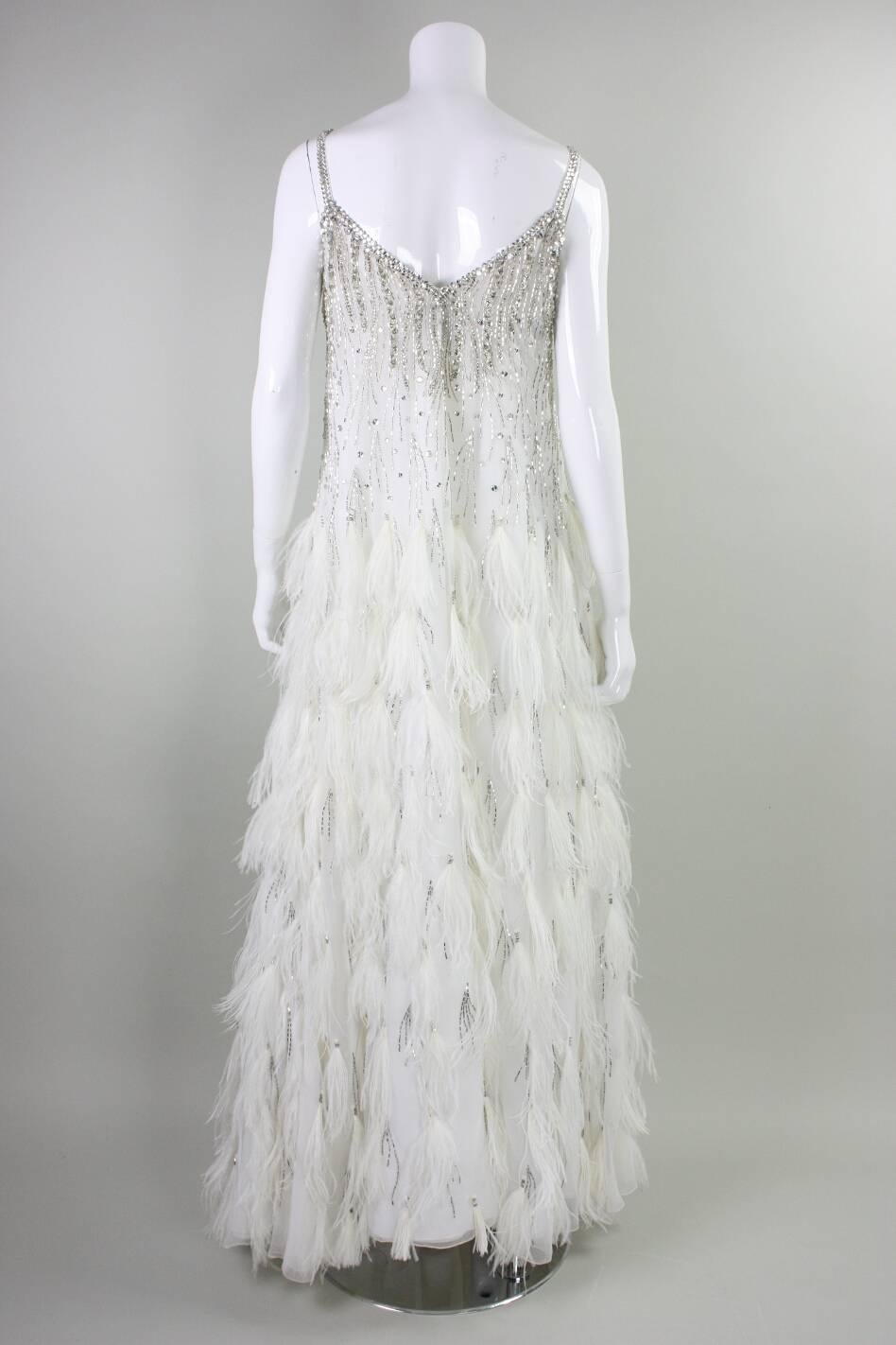 Women's 1980's Ruben Panis White Gown with Beadwork & Feathers