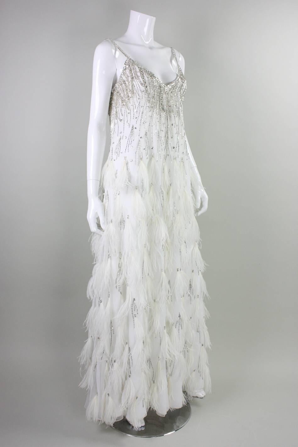 Gray 1980's Ruben Panis White Gown with Beadwork & Feathers