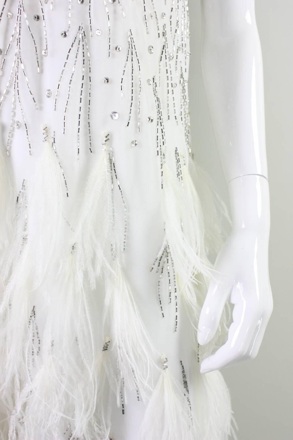 1980's Ruben Panis White Gown with Beadwork & Feathers 2