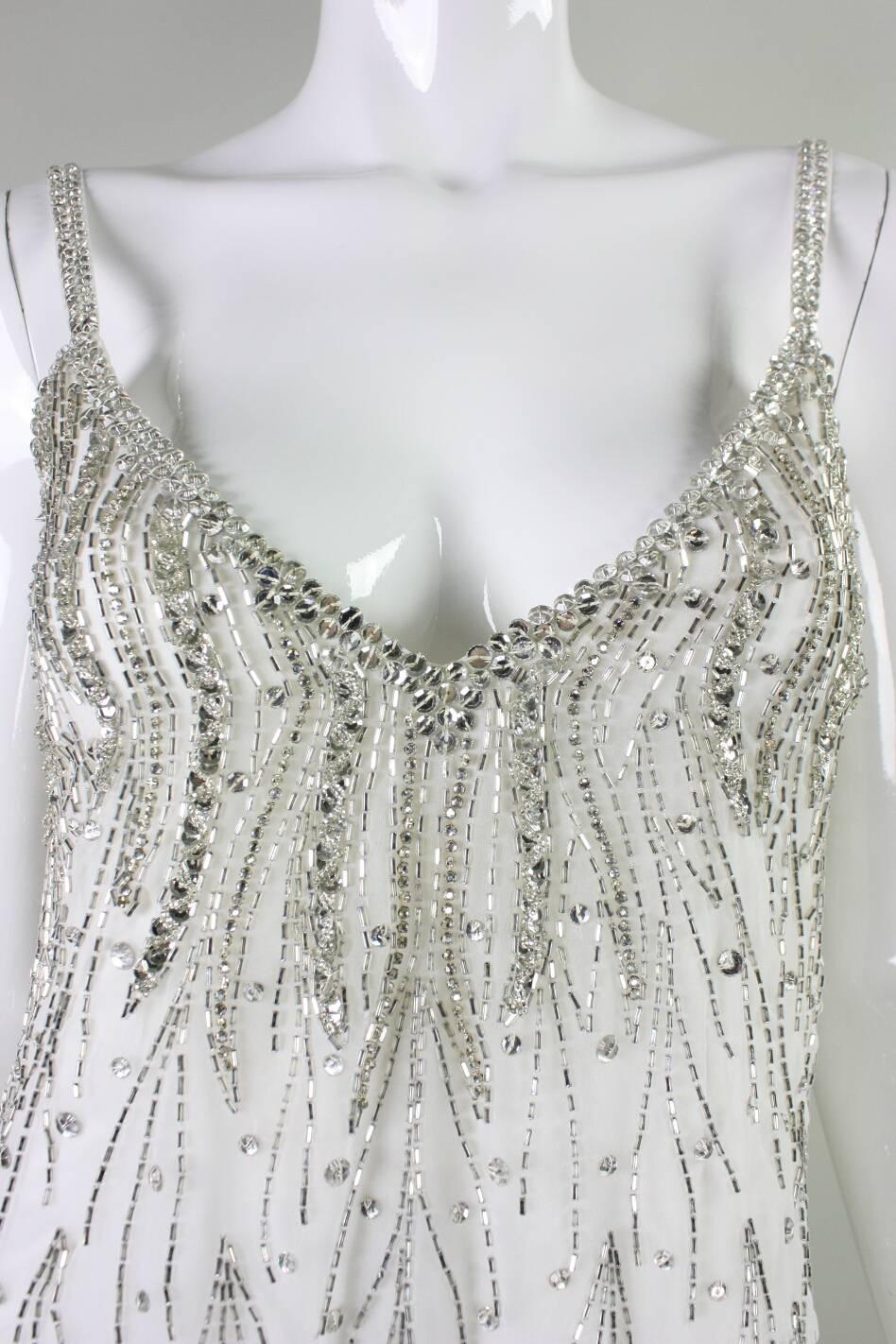 1980's Ruben Panis White Gown with Beadwork & Feathers 1