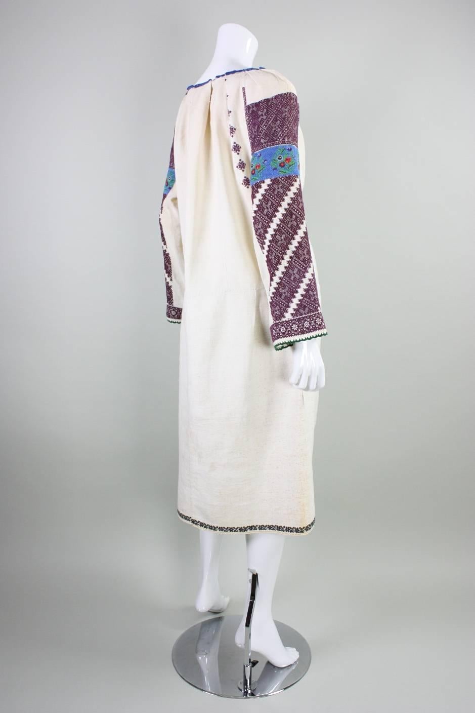 Gray Vintage Eastern European Hand Embroidered Linen Dress For Sale