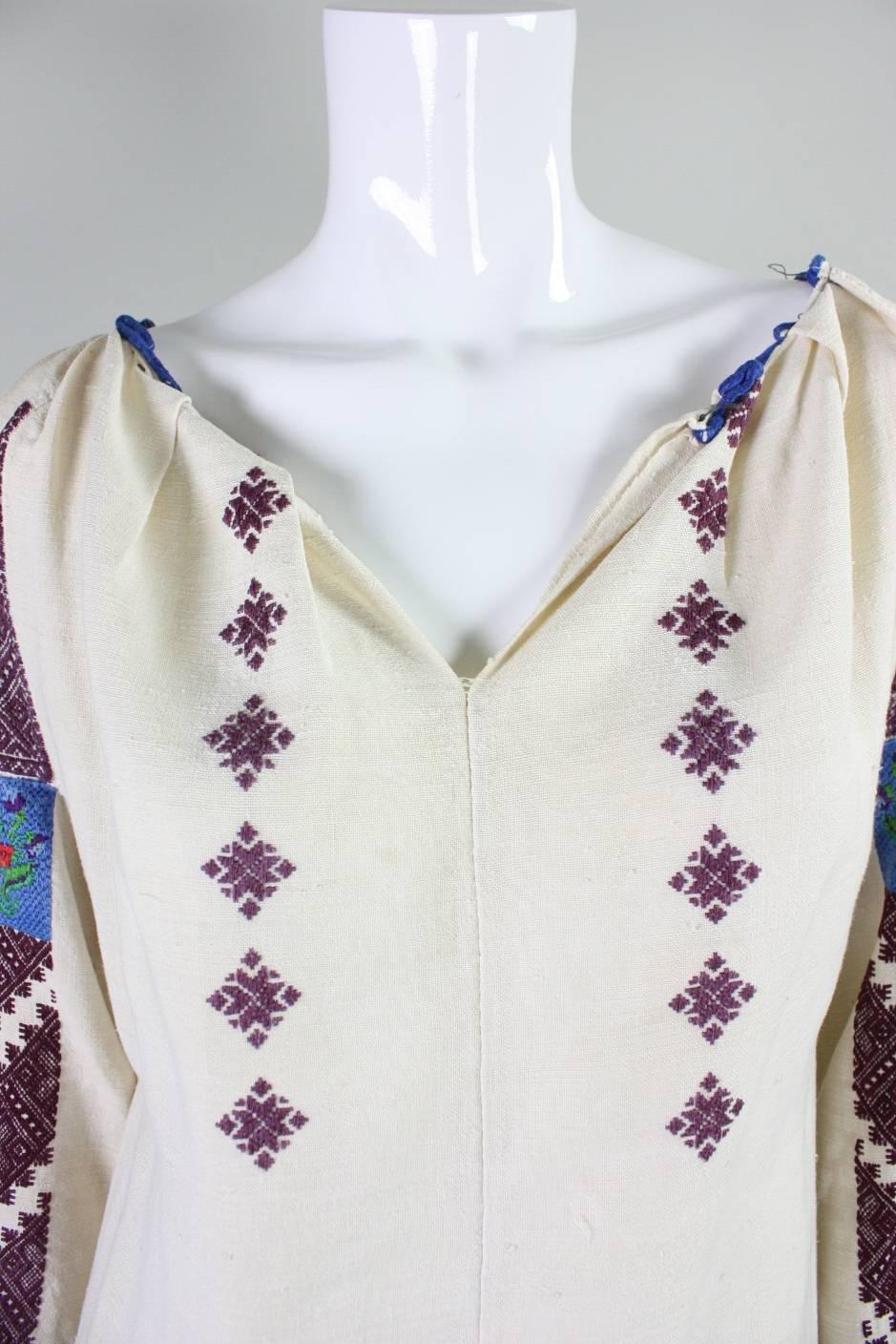 Women's Vintage Eastern European Hand Embroidered Linen Dress For Sale