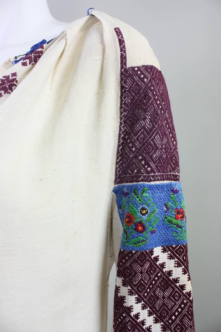 Vintage Eastern European Hand Embroidered Linen Dress For Sale 1