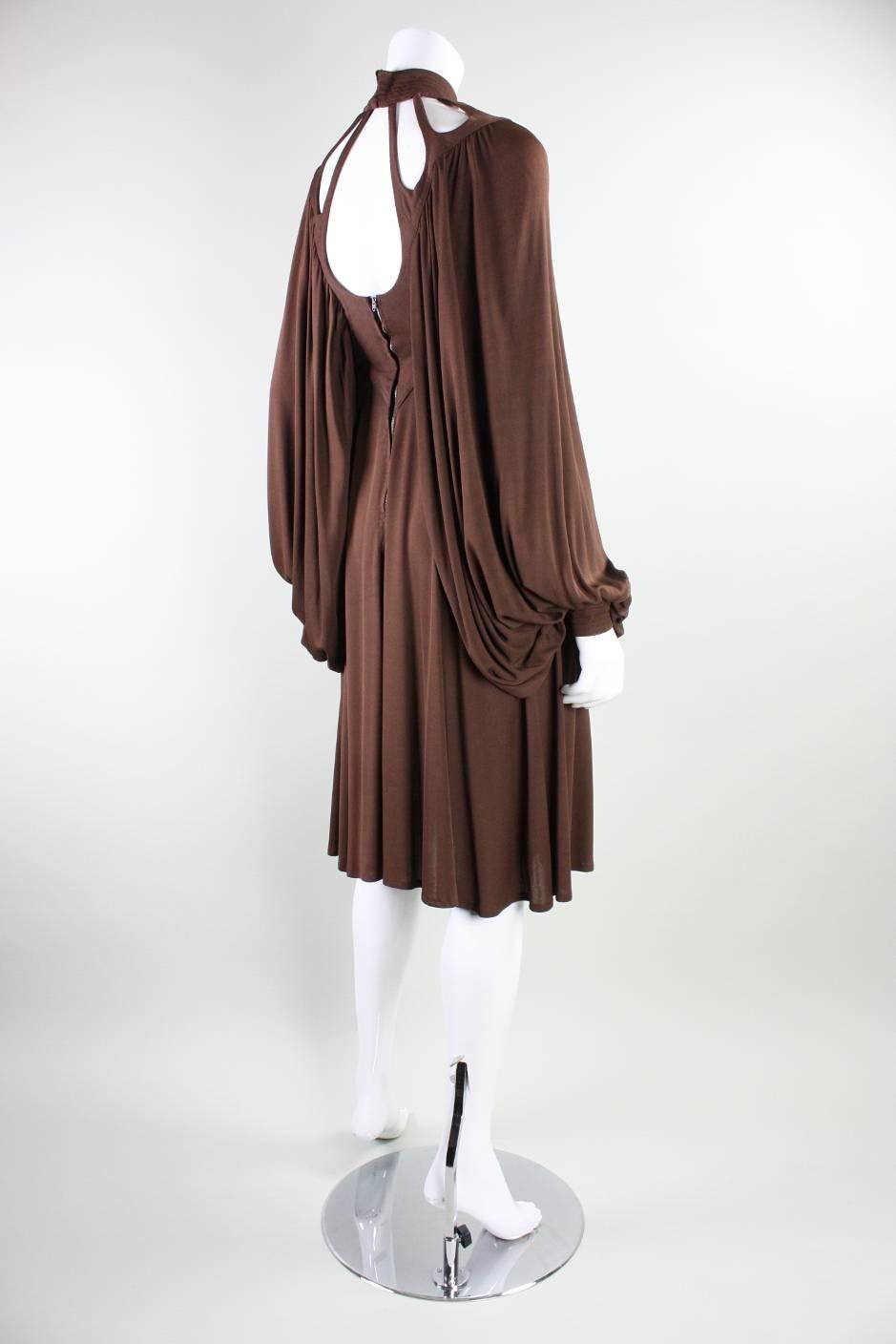 Brown 1970's Lesley Sandra Matte Jersey Dress with Cutouts & Draping