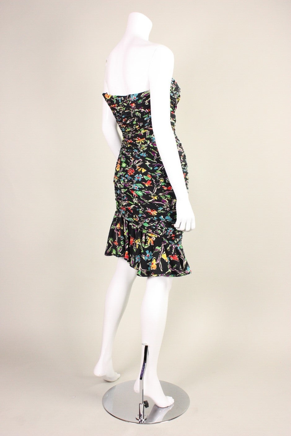 Ungaro Ruched Floral Cocktail Dress, 1980s  In Excellent Condition For Sale In Los Angeles, CA