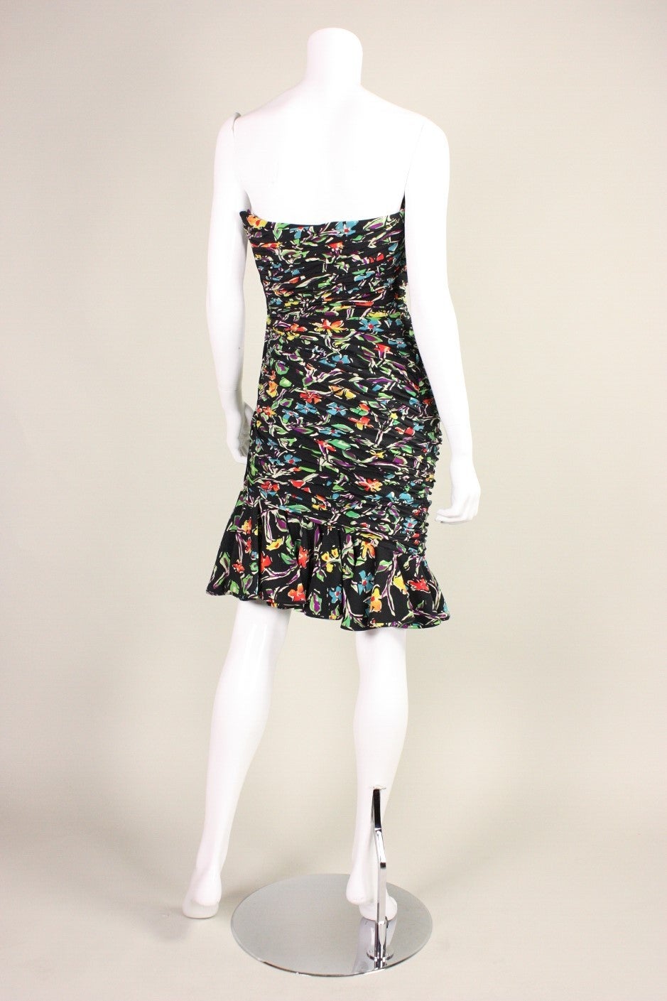 Women's Ungaro Ruched Floral Cocktail Dress, 1980s  For Sale