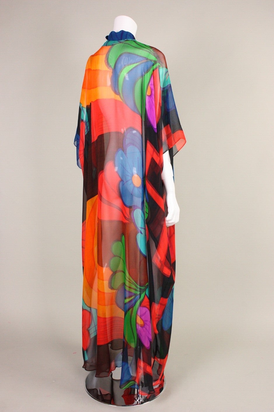 1970's Painted Silk Chiffon Caftan In Good Condition In Los Angeles, CA