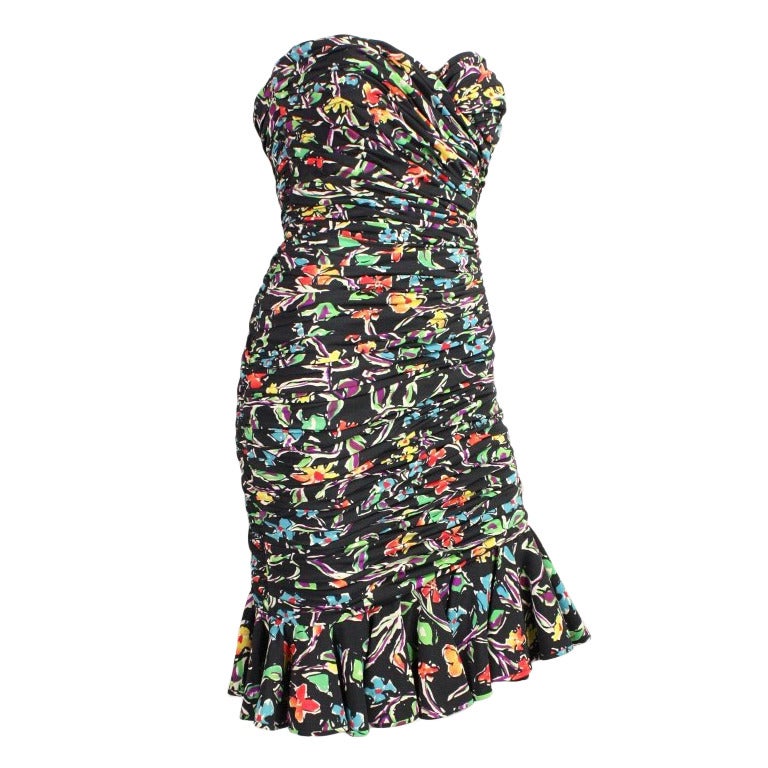Ungaro Ruched Floral Cocktail Dress, 1980s  For Sale