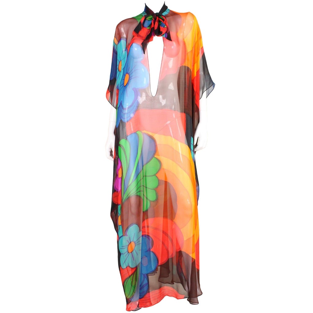 1970's Painted Silk Chiffon Caftan