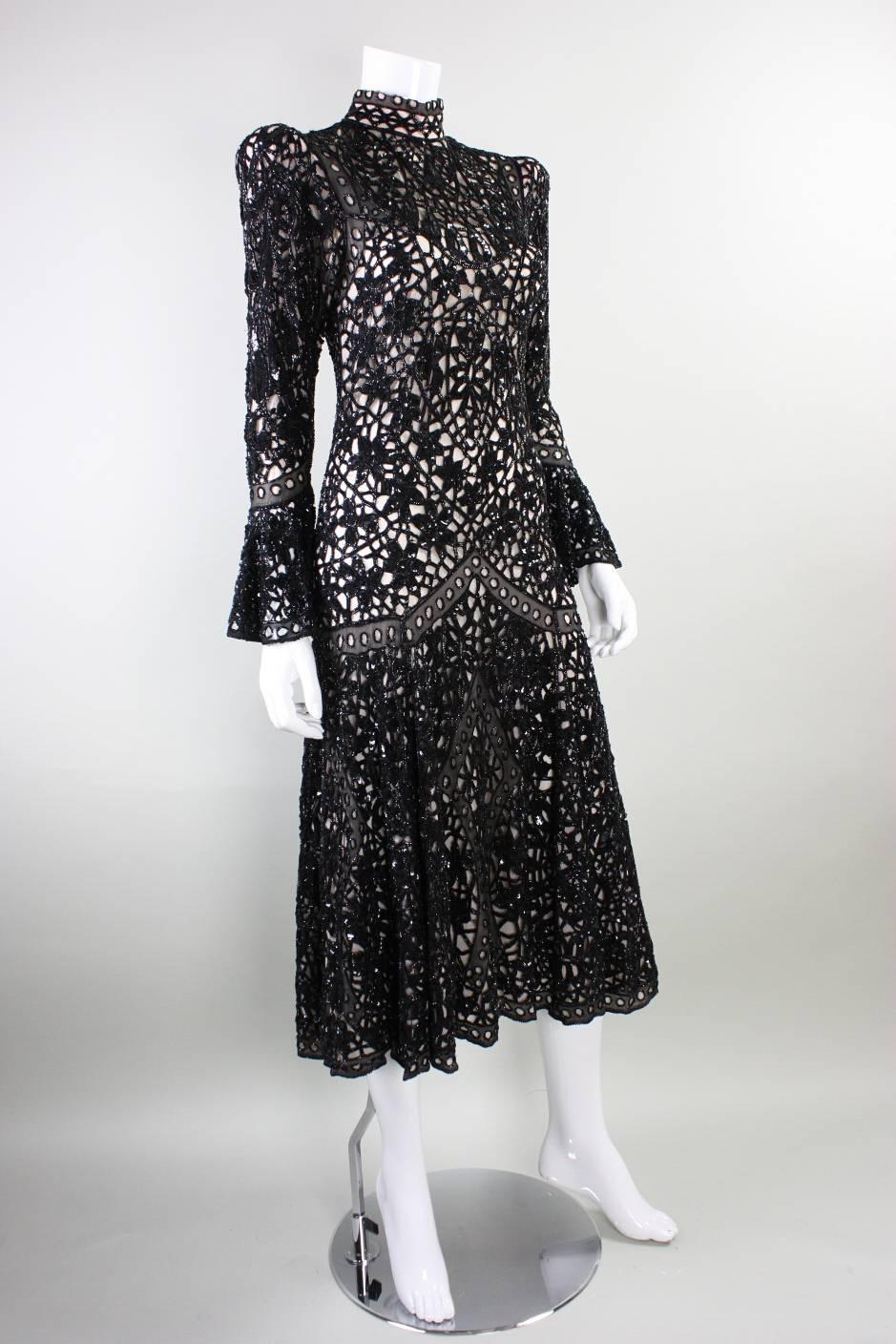 Black Eavis and Brown Beaded Lace Evening Dress For Sale