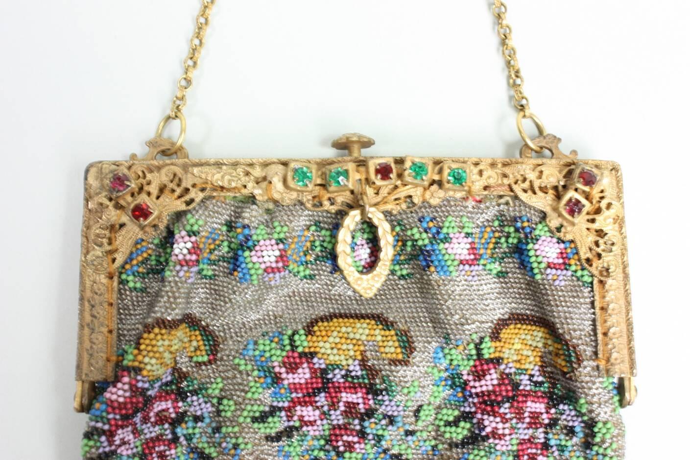 Brown 1920's Beaded Handbag with Gold-Toned Frame For Sale