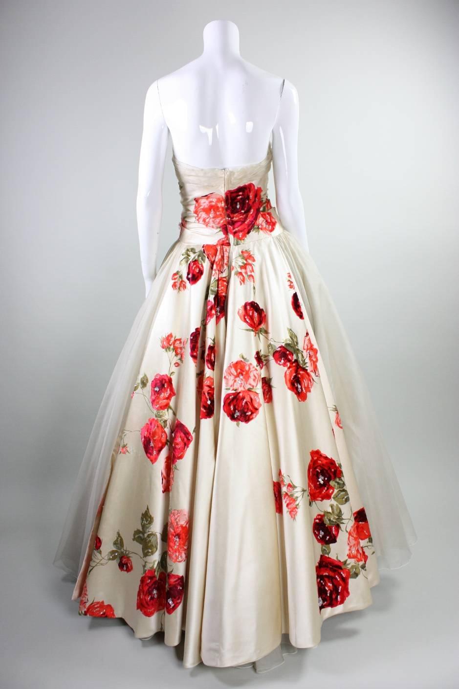 1950's Organza Ball Gown with Floral Detailing For Sale 1