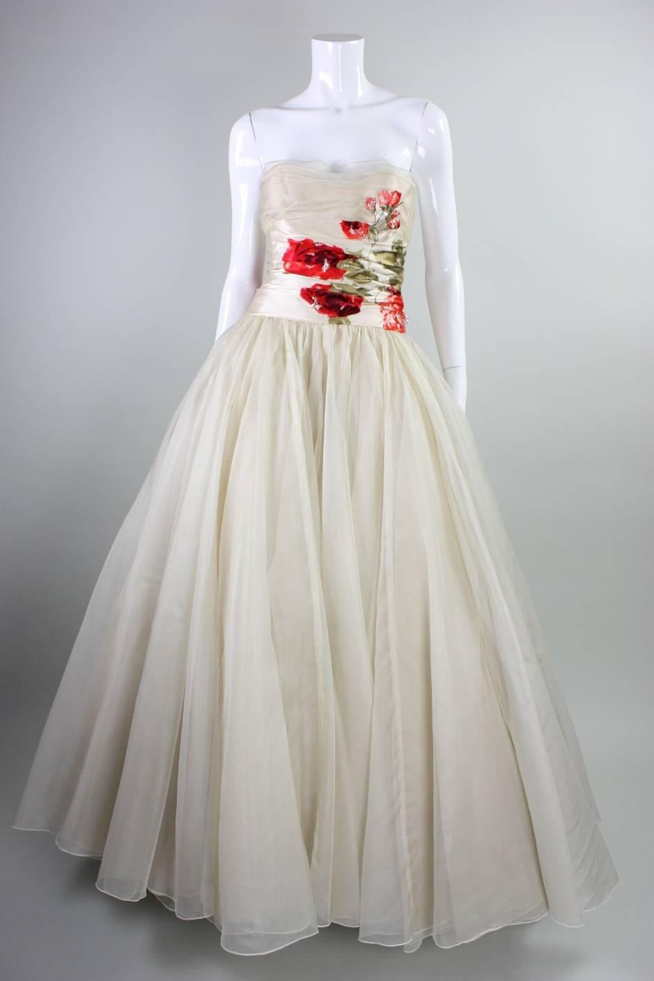 Gray 1950's Organza Ball Gown with Floral Detailing For Sale