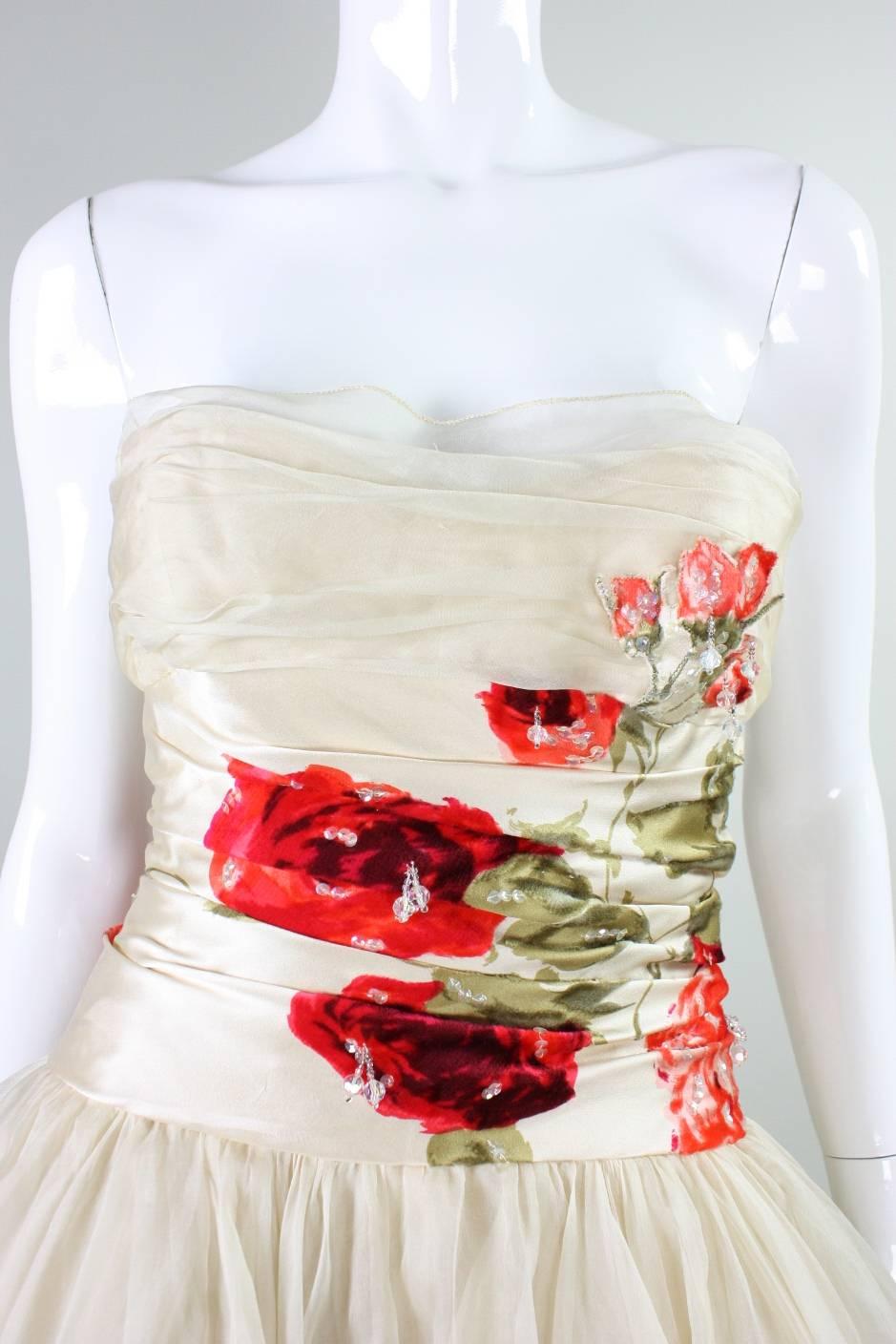 1950's Organza Ball Gown with Floral Detailing For Sale 2
