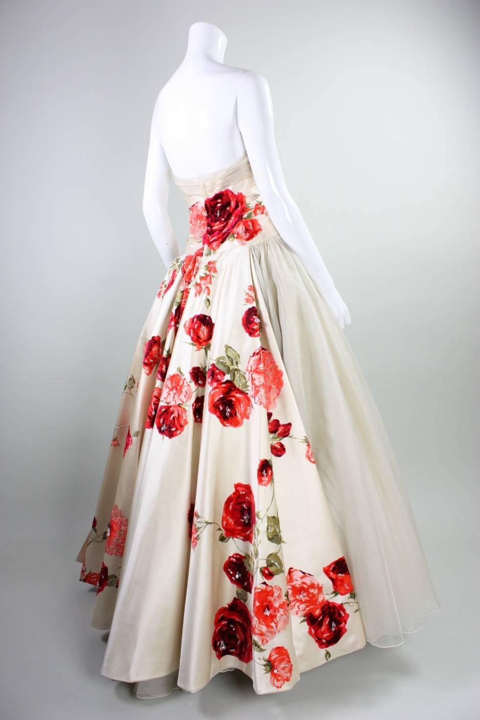 Women's 1950's Organza Ball Gown with Floral Detailing For Sale