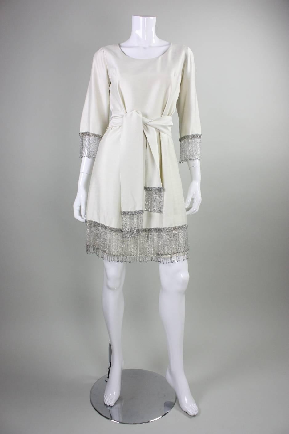 Gray 1960's Cream Cocktail Dress with Beaded Fringe For Sale