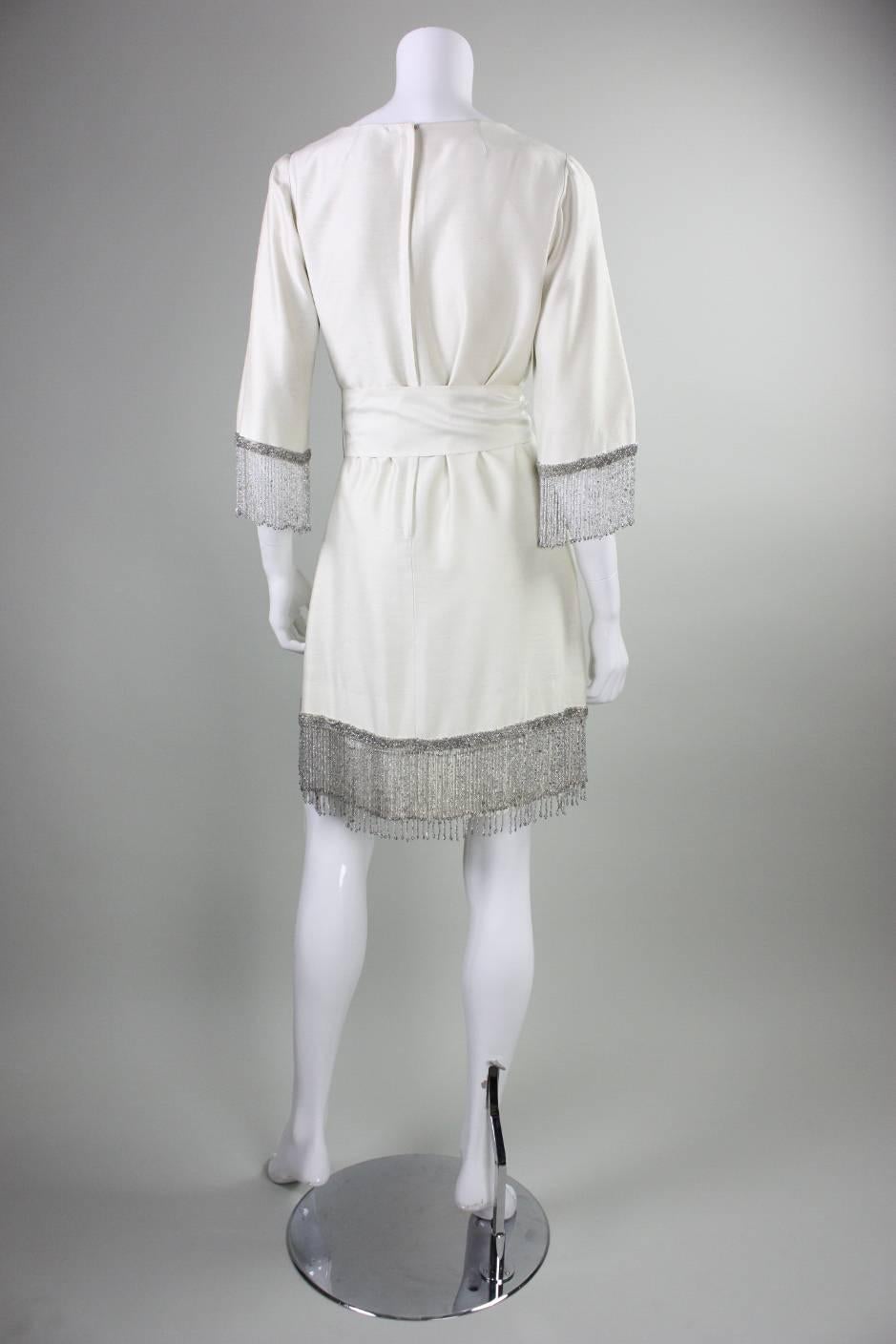 Women's 1960's Cream Cocktail Dress with Beaded Fringe For Sale
