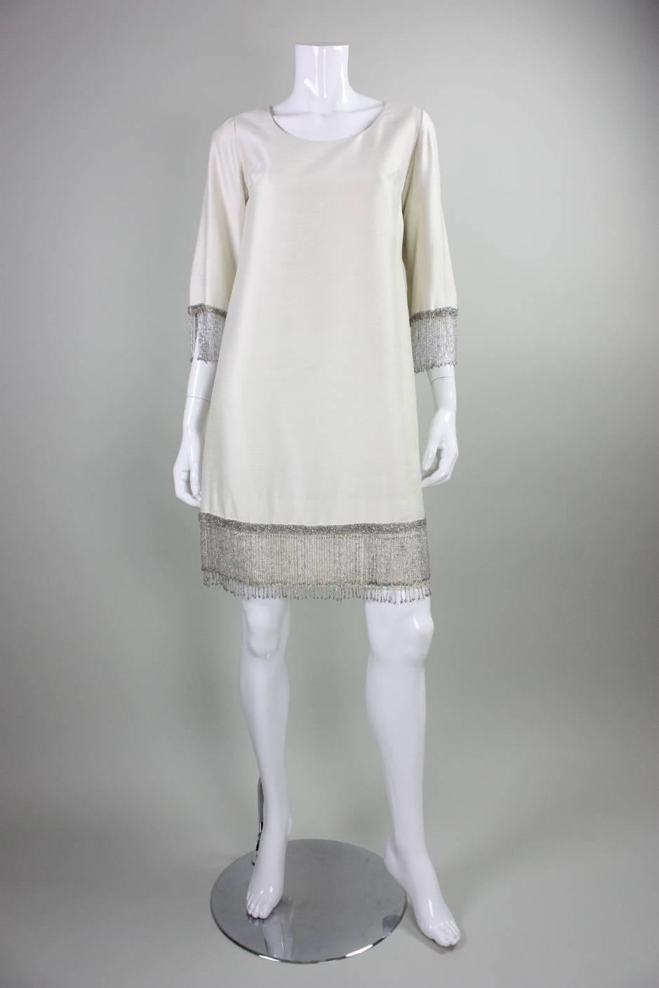 1960's Cream Cocktail Dress with Beaded Fringe For Sale 1