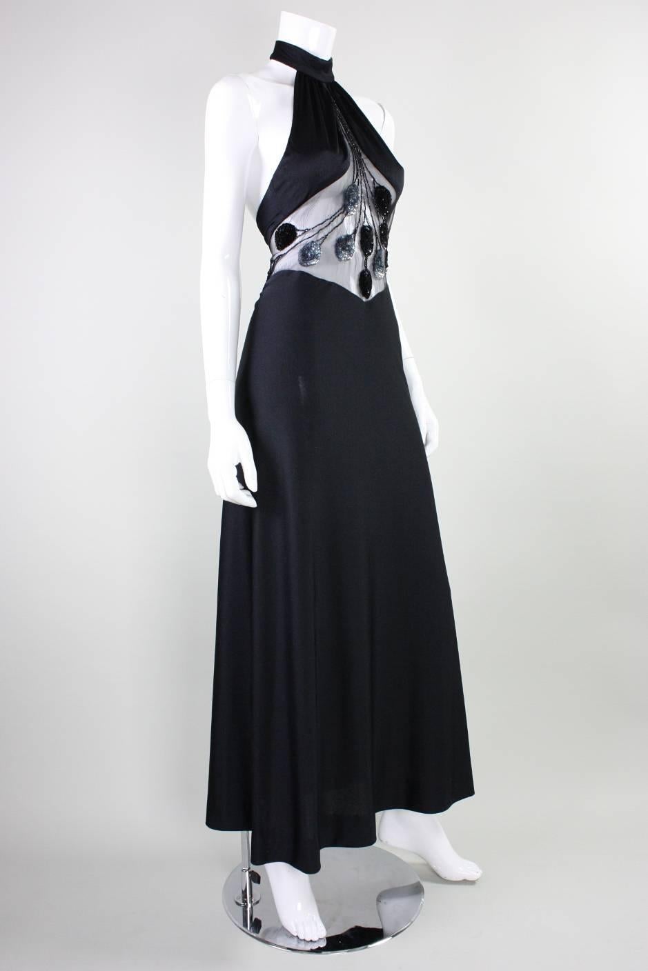Black 1970's Loris Azzaro Halter Gown with Transparent Insert For Sale