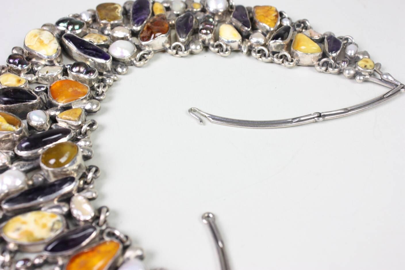 Jan Pomianowski Bib-Halskette aus Sterlingsilber mit Bernstein und Amethyst im Angebot 6