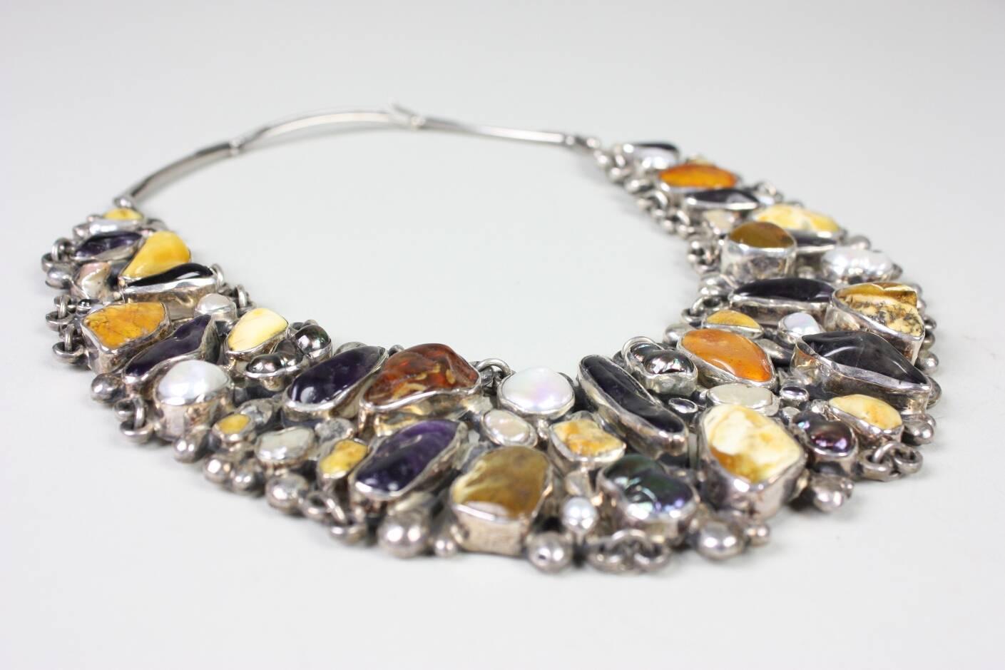 Jan Pomianowski Amber & Amethyst Sterling Silver Bib Necklace For Sale 5