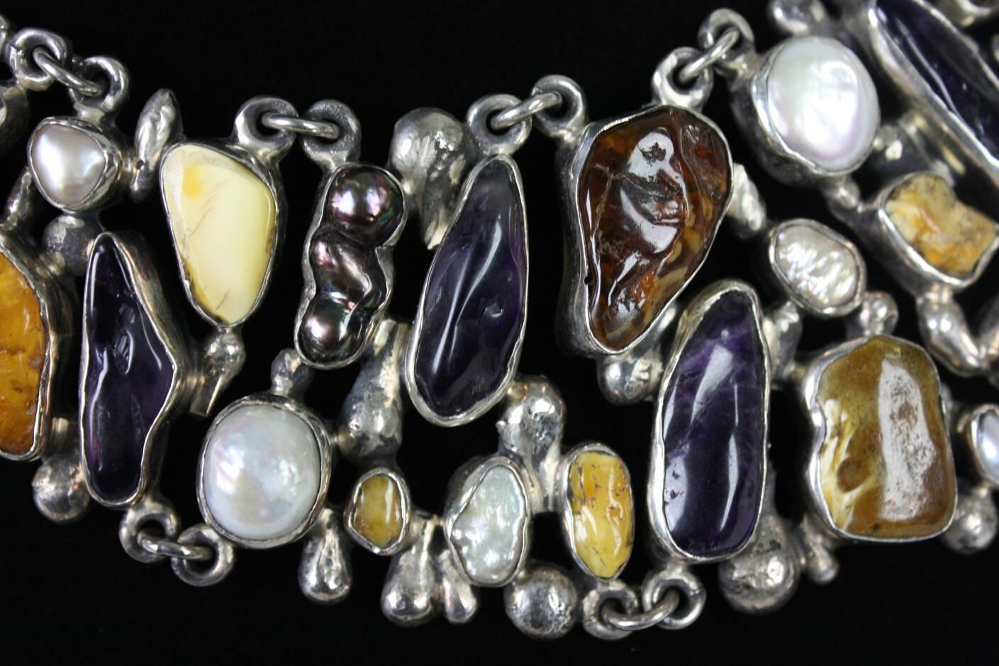 Jan Pomianowski Amber & Amethyst Sterling Silver Bib Necklace For Sale 3