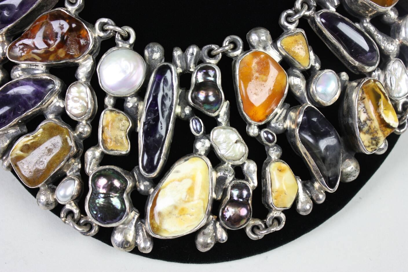 Jan Pomianowski Bib-Halskette aus Sterlingsilber mit Bernstein und Amethyst im Angebot 1