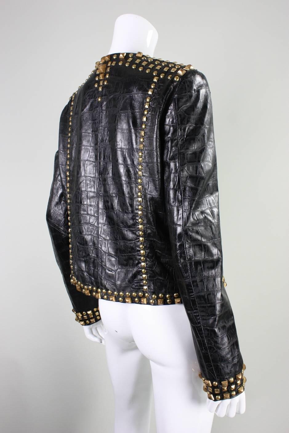 Black Roberto Cavalli Studded and Embossed Leather Jacket For Sale