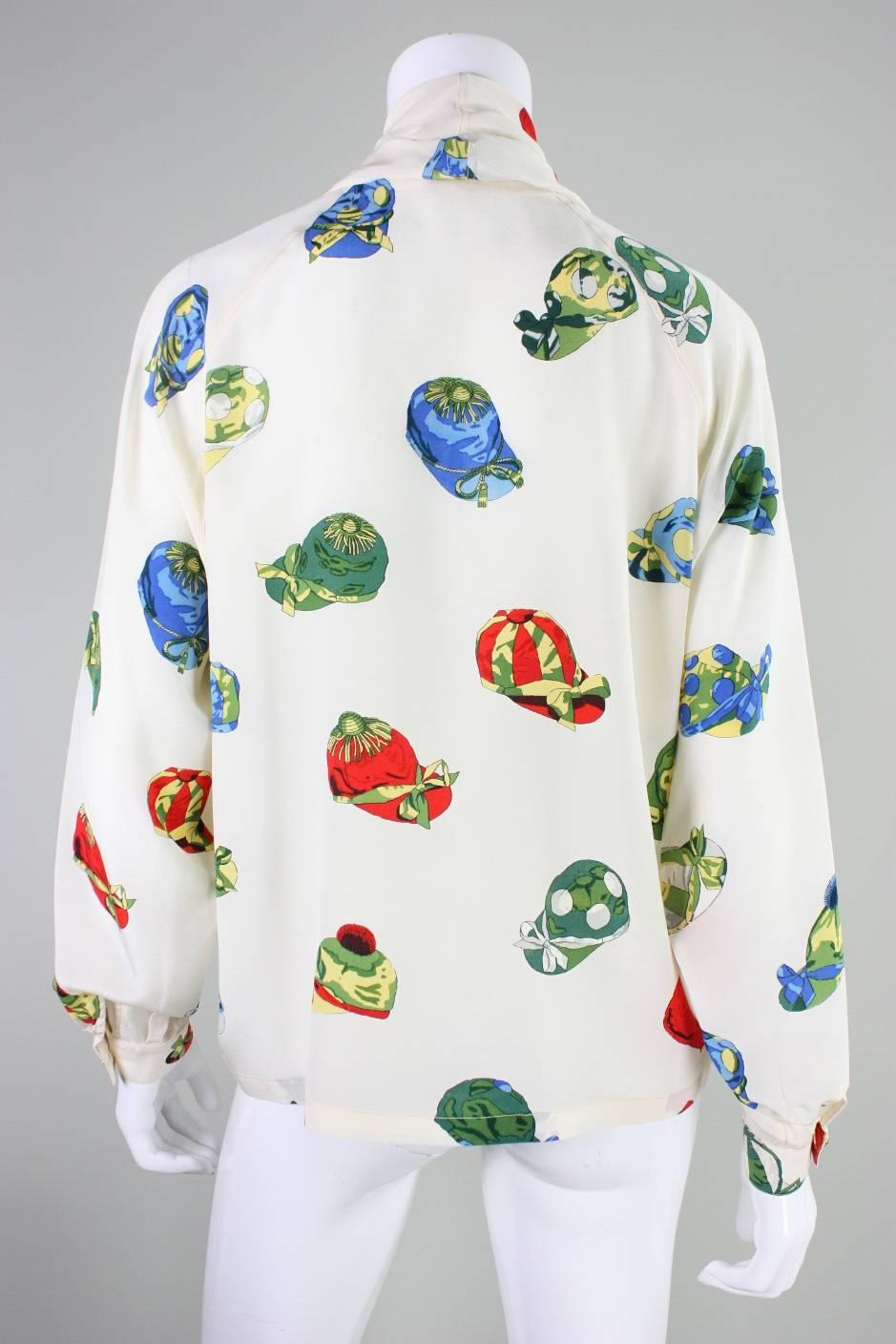 Vintage Hermes Silk Blouse with Jockey Cap Print In Good Condition For Sale In Los Angeles, CA