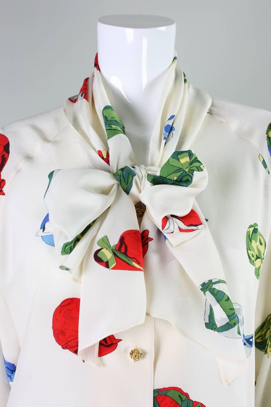 Women's Vintage Hermes Silk Blouse with Jockey Cap Print For Sale